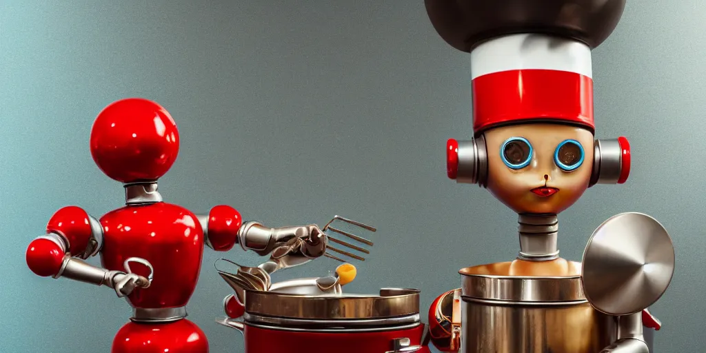 Prompt: closeup portrait of tin toy retro robot chef cooking pastry in a kitchen, depth of field, zeiss lens, detailed, centered, fashion photoshoot, by nicoletta ceccoli, mark ryden, lostfish, breathtaking, 8 k resolution, extremely detailed, beautiful, establishing shot, artistic, hyperrealistic, octane render