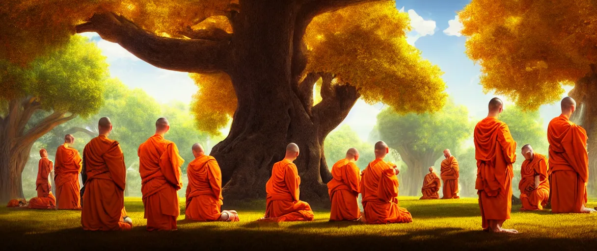 Image similar to hyperrealistic hyper detailed 35mm portrait of handsome cyborg monks praying to a giant oak tree matte painting concept art key sage jeff koons very dramatic orange lighting low angle hd 8k sharp shallow depth of field