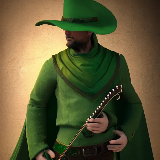 Image similar to western fantasy bard style clothing design, green tones, dark green cape,. artstation, volumetric light, detailed, photorealistic, fantasy, rendered in octane