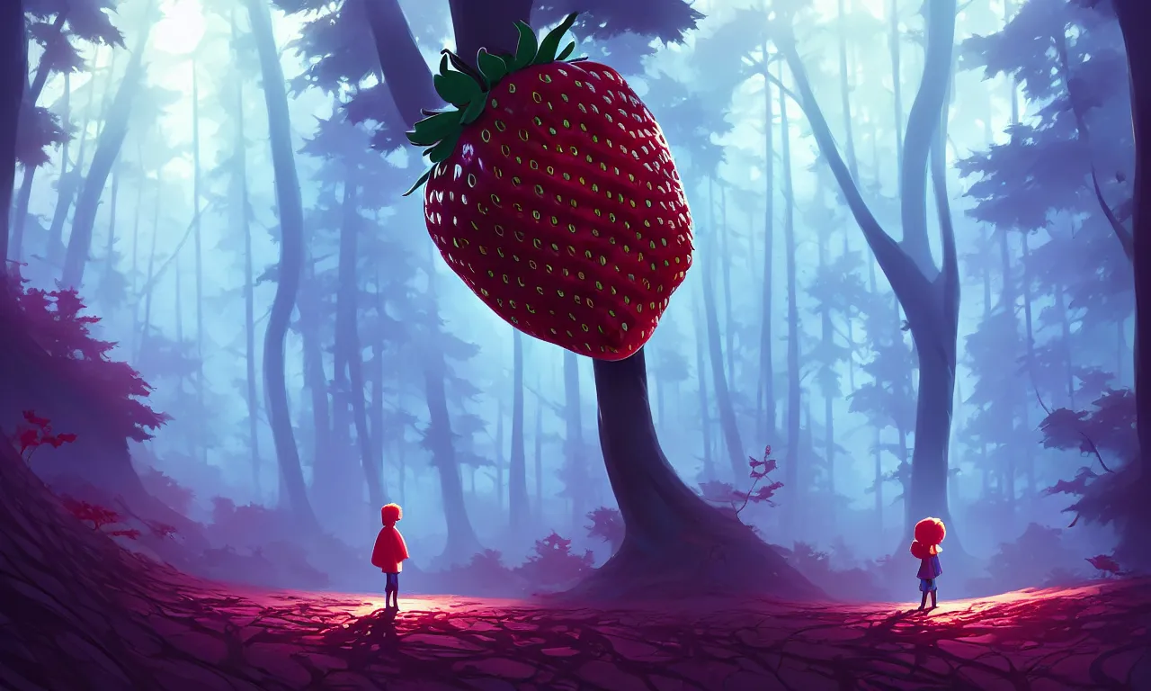 Prompt: Dark forest a large strawberry in the foreground, behance hd by Jesper Ejsing, by RHADS, Makoto Shinkai and Lois van baarle, ilya kuvshinov, rossdraws global illumination