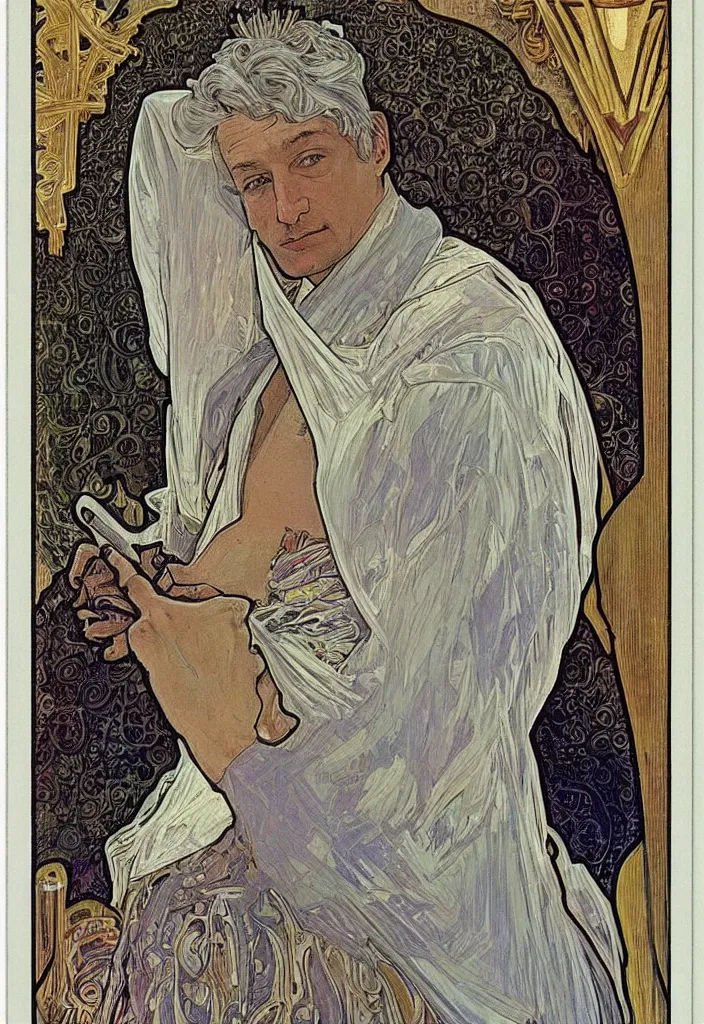 Image similar to realistic white - haired geoffrey hinton in a crown with neural networks on a tarot card, tarot in art style by alphonse mucha