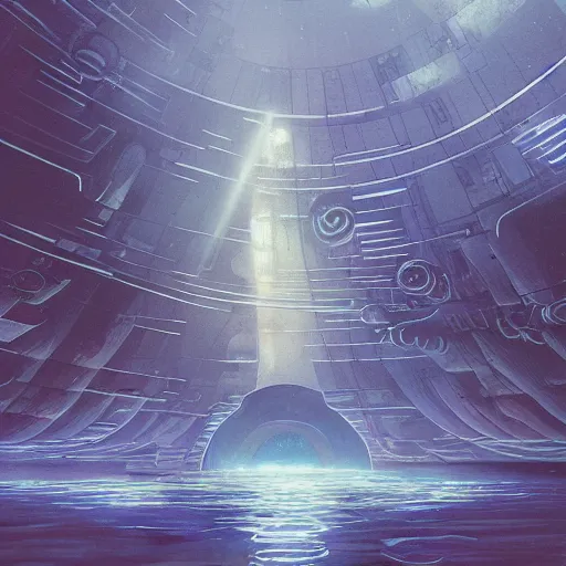 Prompt: underwater city made of domes connected by tubular corridors as seem for a distance in the style of ralph mcquarrie, dramatic lightning, inspiring, panoramic, acidic reflections, sun rays, sligh decay