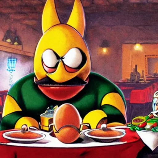 Image similar to robotnik eggman having a nice dinner at a rustic italian restaurant with his robots