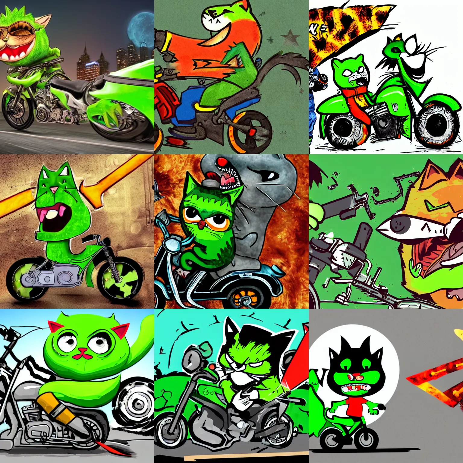 Prompt: a picture with an angry green cat riding a motorcycle with chainsaws on the side
