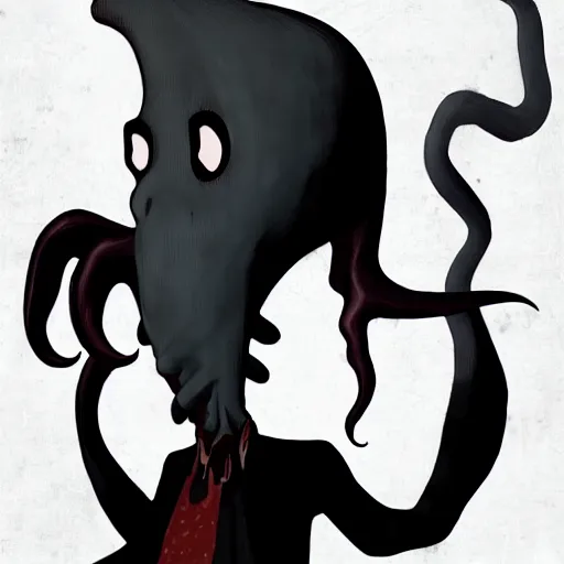 Image similar to a character with a squid for a head wearing a long vampire cloak made from dark wispy smoke created by the artist for the band Gorillaz