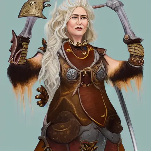 Image similar to fantasy portrait of an anthropomorphic cow woman warrior with brown and white hair, concept art