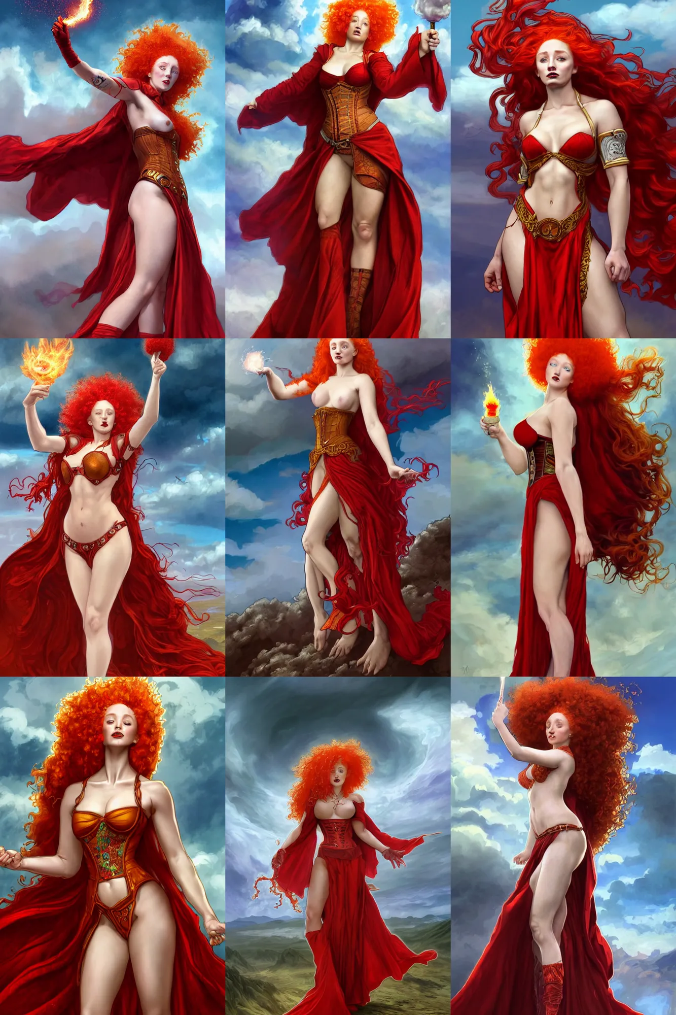 Prompt: a mage casting a fireball, ginger afro with freckles inspired by annie, face like sophie turner, wearing red dragon corset and long flowing sheer red robes blowing in the wind inspired by alphonse mucha, standing on top of a mountain, epic clouds and godlike lighting, intricate illustration and highly detailed digital painting. concept art by artgerm and larry elmore.