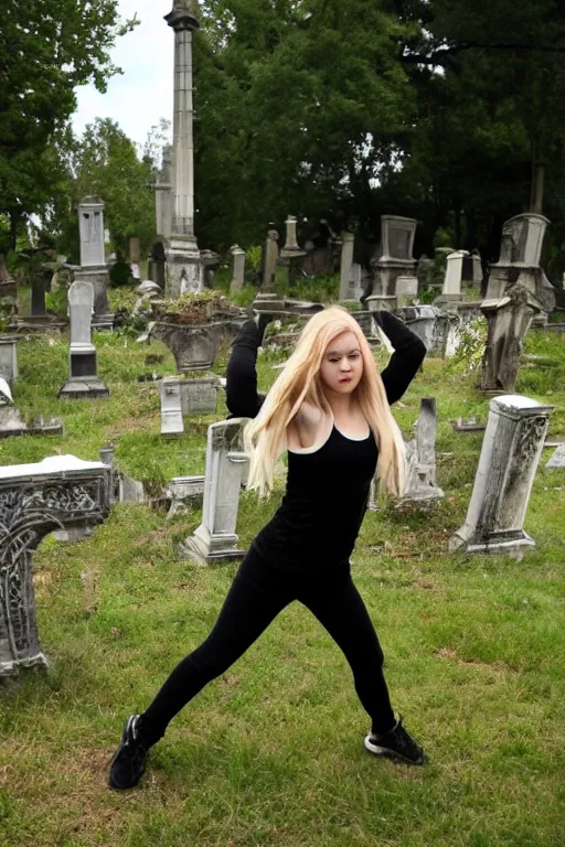 Image similar to egirl doing a shuffle dance in an abandoned graveyard