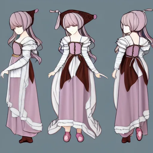 Image similar to A narcoleptic anime girl game character, renaissance style dress, doll-like, character design sheet, detailed eyes, HDR