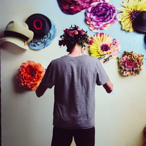 Prompt: kodak portra 4 0 0 photograph of a skinny guy wearing a hat standing in cluttered art studio, back view, flower crown, moody lighting, moody vibe, telephoto, 9 0 s vibe, blurry background, vaporwave colors, faded!,