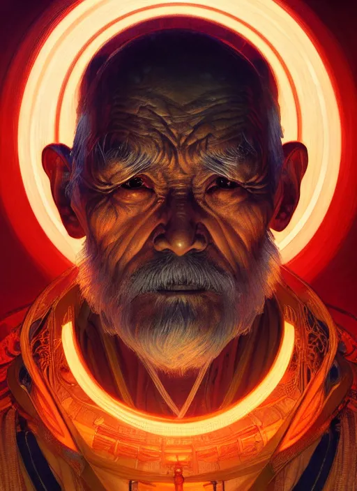 Image similar to symmetry!! portrait of old man japanese warrior, tech wear, glowing lights!! intricate, elegant, highly detailed, digital painting, artstation, concept art, smooth, sharp focus, illustration, art by artgerm and greg rutkowski and alphonse mucha