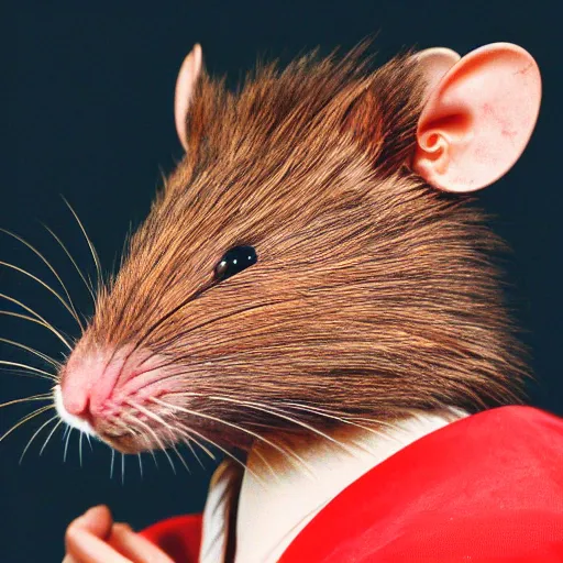 Image similar to a portrait of a human-rat hybrid with brown fur wearing a red kimono, hyper realistic, photography, film still