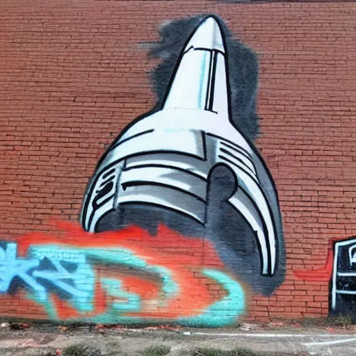 Image similar to space shuttle spray painted on brick wall, graffiti, street art,