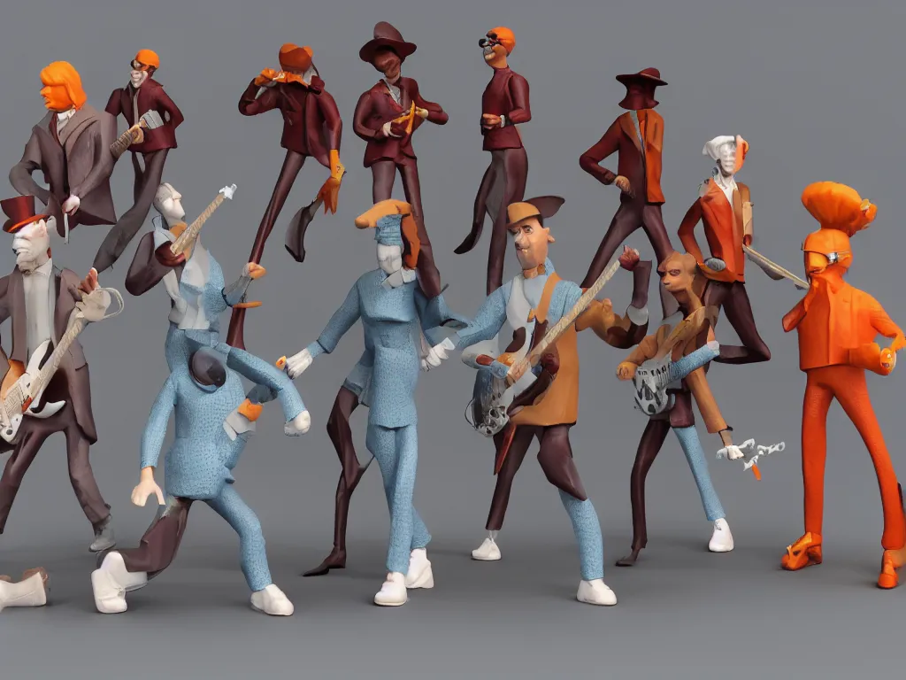 Image similar to 5 member funk band, thermoplastic - elastomer figurines, retro - vintage, neo soul, mixed media with claymorphism, matte color palette, designed by artstationhq, retro, 3 - dimensional, gouache 3 d shading, tilt shift, low fi,