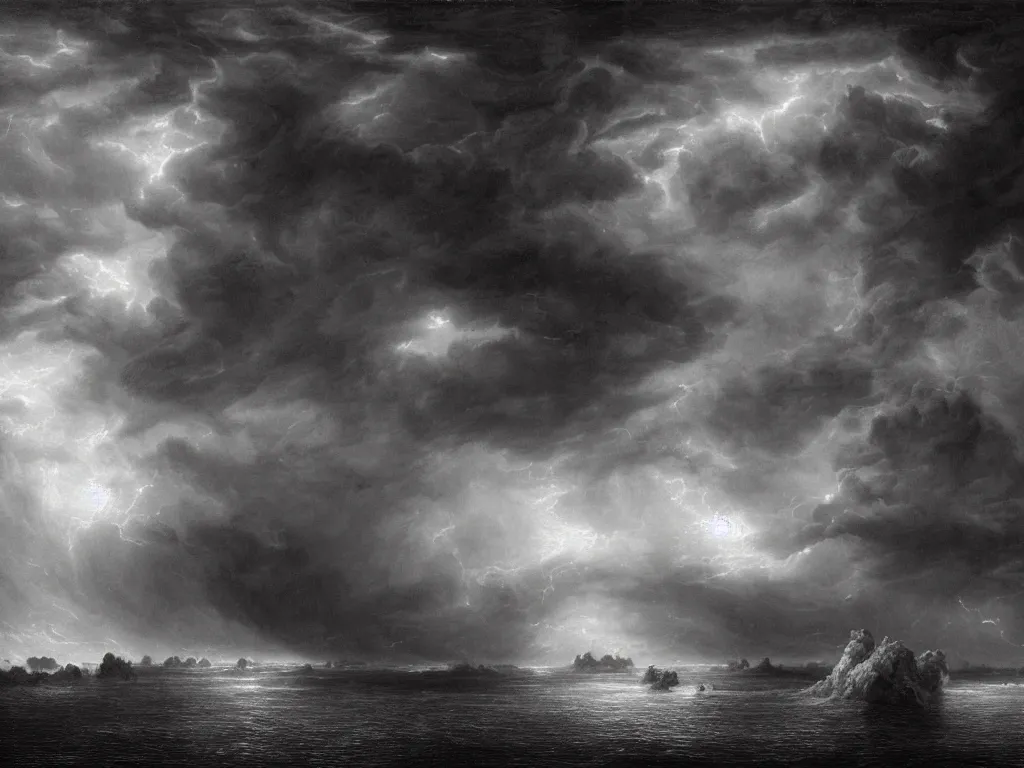 Image similar to very detailed, dark super storm, hyper realistic clouds, impressive, magical, very atmospheric, fog, cinematic, deep, very high complexity, stunning, dramatic masterpiece, iridescent, chiaroscuro, by gustave dore, john blanche, ian miller, very detailed. 4 k