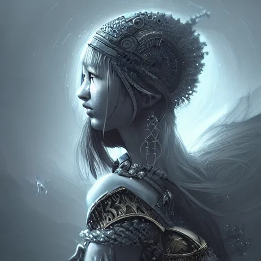 Image similar to beautiful extremely detailed intricate concept art depicting a warrior by wlop. shining jewelry. grey atmosphere. particles in the background. bcy. net