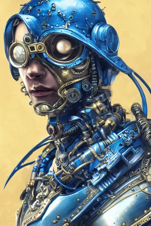 Image similar to Portrait of a steampunk sci-fi cyborg ninja, third person, D&D, sci-fi fantasy, intricate, blue and gold, highly detailed , art by Range Murata, highly detailed, 3d, octane render, bright colors, digital painting, trending on artstation, sharp focus, illustration style of Stanley Artgerm,