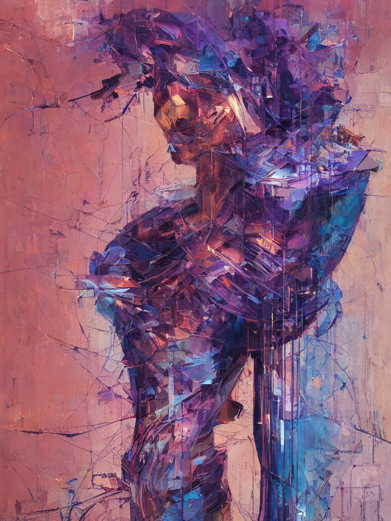 Image similar to a beautiful glitched abstract geometric painting by robert proch and robert heindel of an anatomy study of the human nervous system, color bleeding, pixel sorting, copper oxide and rust materials, brushstrokes by jeremy mann, cold top lighting, pastel purple background