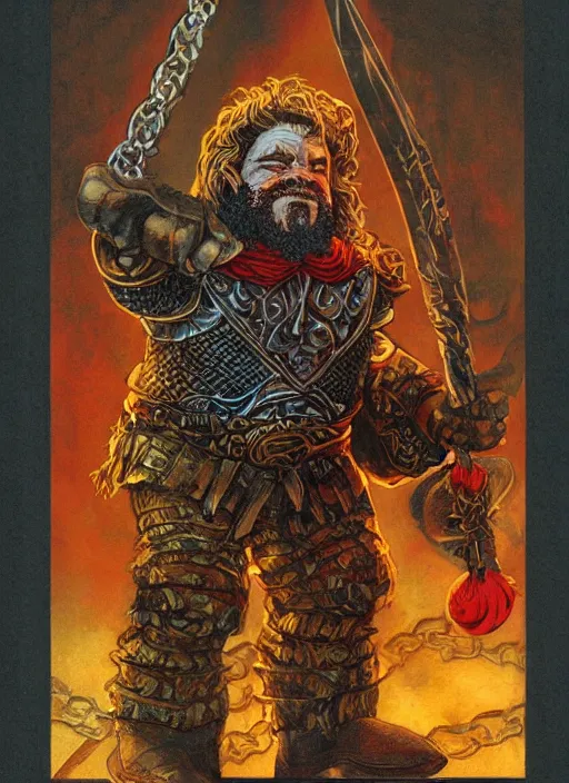 Prompt: full body of a dwarf sorcerer, beautiful! coherent! dungeons and dragons character, by larry elmore, gerald brom, ralph horsley, wayne reynolds, strong line, deep color, chainmail, short red hair, high contrast