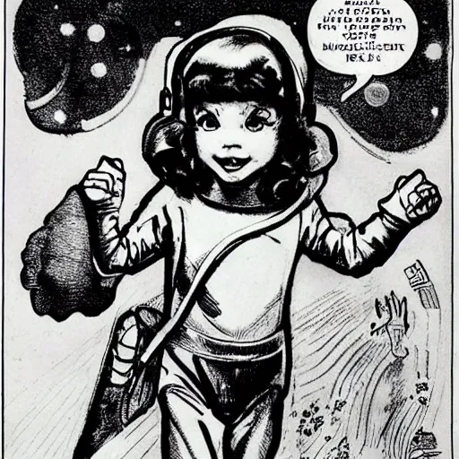 Image similar to a cute little girl with a mischievous face and short brown wavy curly hair. she is dressed as an astronaut. well composed, clean elegant painting, beautiful detailed face. comic book art by steve ditko and jack kirby and ( arthur rackham )