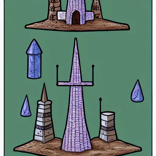 Image similar to A wizard tower next to a few mines and a few caves, lineart, colored