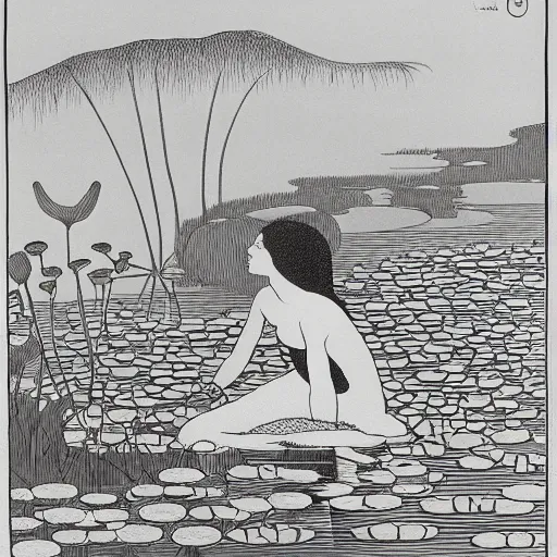 Image similar to A girl bathes in a lake where water lilies are floating, lithography by Aubrey Beardsley, High definition, detailed,