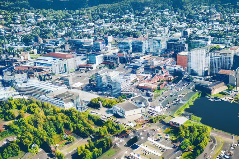 Image similar to bird's eye view photography of a small city. town hall, central farm, monorail station, beach and shipping dock. hills, woods and lake to the north.