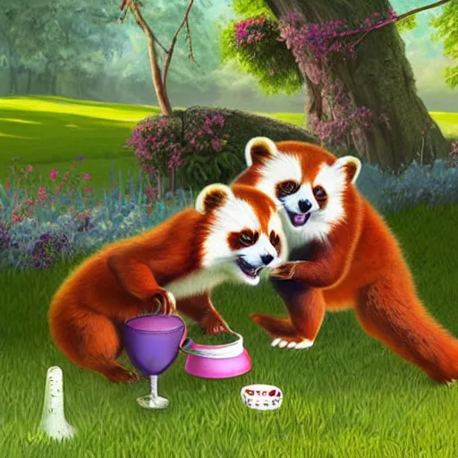 Prompt: very cute friendly happy high energy red pandas at a fancy garden party playing croquet and drinking lemonade, artwork by mark brooks and Asher Brown Durand, digital art