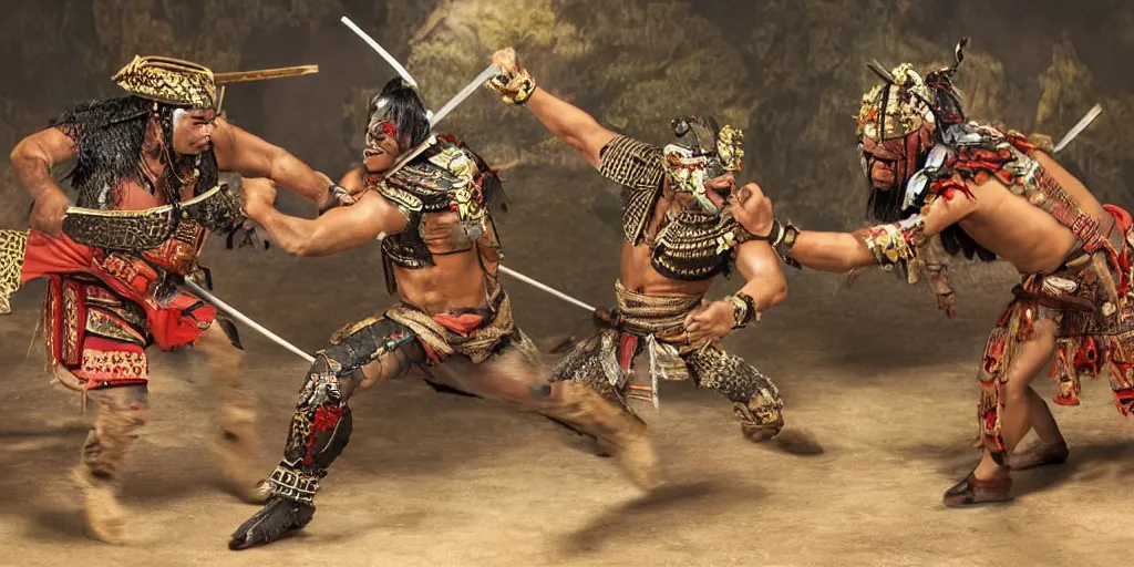 Prompt: Aztec Jaguar Warrior fighting with Samurai in a one on one fight. Highly detailed, movie scene.