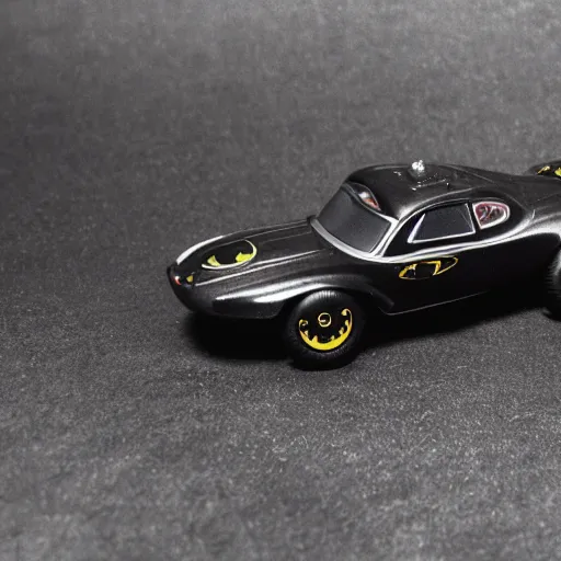 Prompt: 3 5 mm photo of metallic black batman car like hot wheels model with a batcave as background