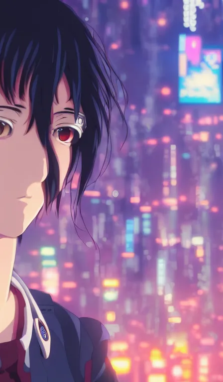 Image similar to anime fine details portrait of Pilot in front of cyberpunk moder city landscape on the background deep bokeh, close-up view, anime masterpiece by Studio Ghibli. 8k, sharp high quality anime, artstation