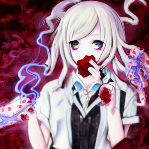 Image similar to red-eyed beautiful shoggoth anime girl smoking a cigarette deviantart by amano yoshitaka hyperreality hd danganronpa art detailed 8k by aramaki shinji, lovecraft, details, meat, blood