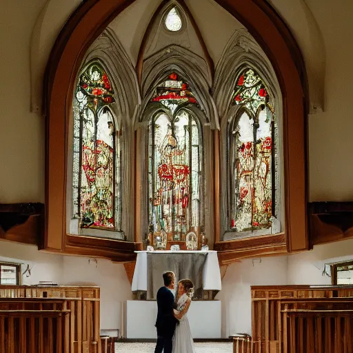 Prompt: a blonde haired woman and a brunette haired man getting married at a chapel, high detail, 4 k uhd, 8 k, great detail, very detailed