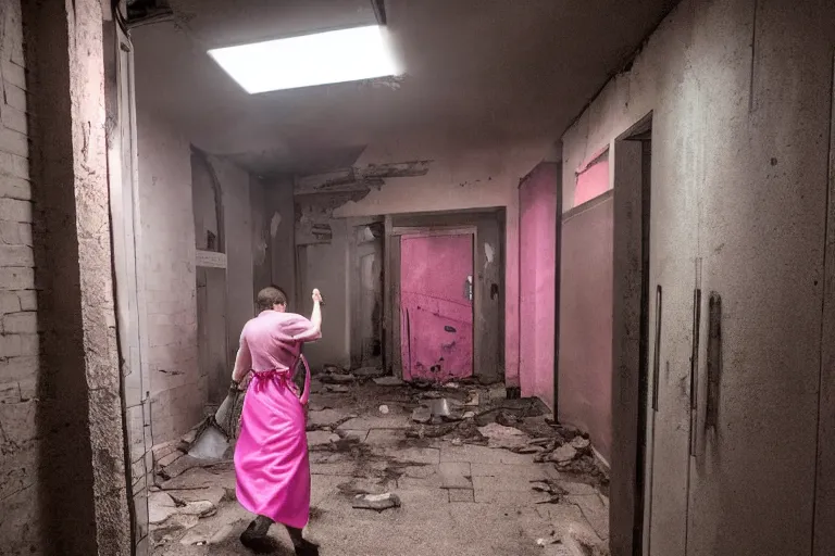 Image similar to batman wearing pink apron wielding an axe, chasing through old brown decrepit hallway, creepy smile, atmospheric eerie lighting, dim lighting, bodycam footage, photograph