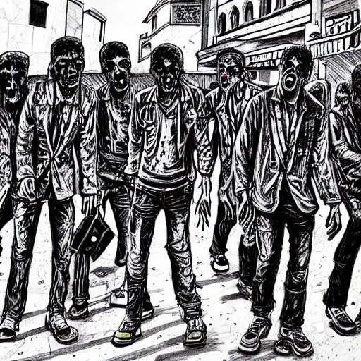 Prompt: zombies in the street of tel aviv. pen drawing. realistic. colorful.