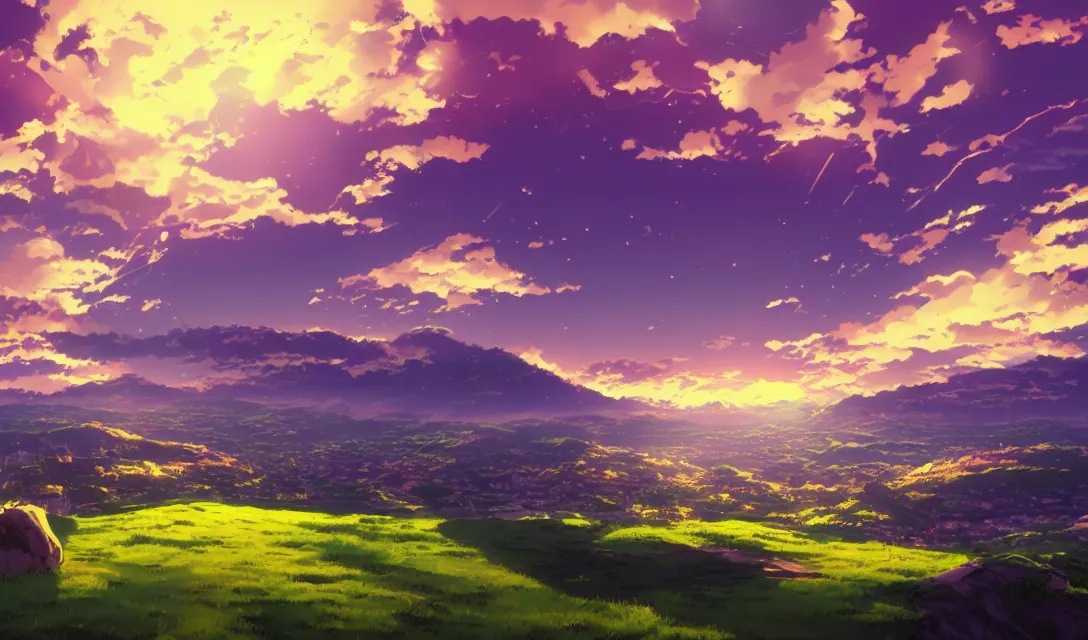 Image similar to very high quality illustration of green hills with clouds in the background, golden hour sunset, purple beautiful sky, anime key visual, official media, illustrated by wlop, extremely detailed, 8 k, trending on pixiv, cinematic lighting, beautiful