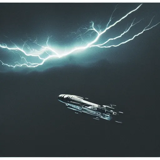 Image similar to a detailed intricate spaceship flying through a lightning storm, moody, cinematic, atmospheric