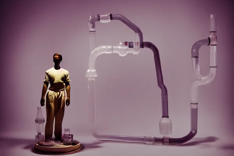 Image similar to clear plastic pipes transporting liquid through a y 2 k crt dreamscape, porcelain figure standing and looking at the pipes, low - light photograph, in style of tyler mitchell