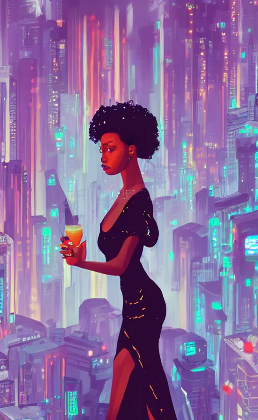 Prompt: portrait of a beautiful Black woman wearing a cocktail dress, with long hair, in a futuristic blade runner city, illustration art by Sam Yang, 8K