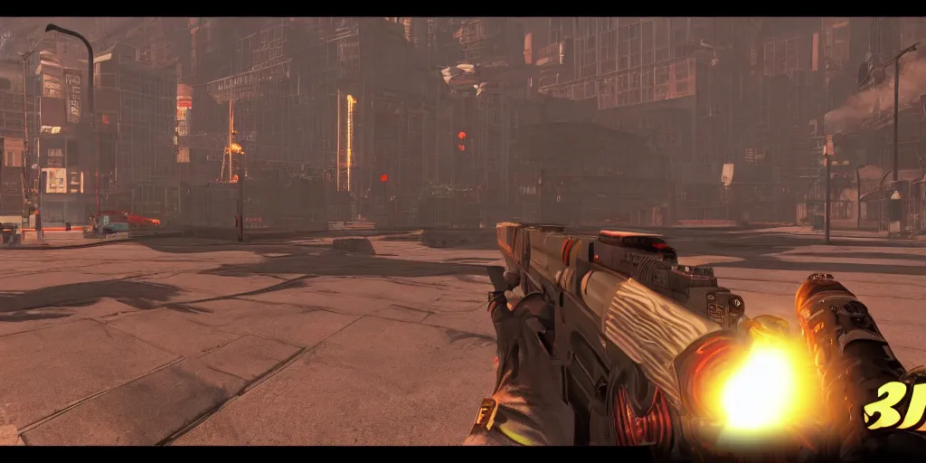 Image similar to screenshot of duke nukem 3 d, dos, videogame, neon glow, lens flare, 8 k