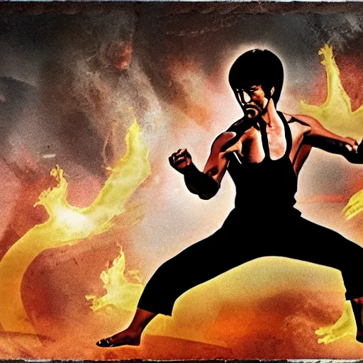 Prompt: Bruce Lee doing a kick in front of a lightning striking in the background,HD, high resolution, hyper realistic, 4k, intricate detail