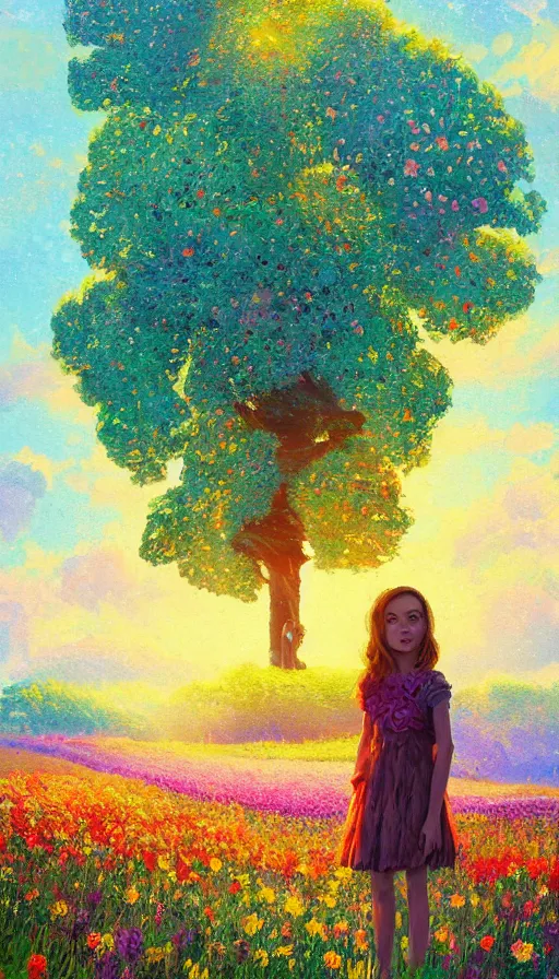 Image similar to girl with giant flower as a face and flower dress, standing in a flower field hills, big trees, sunrise dramatic light, impressionist painting, colorful clouds, digital painting, pointillism, artstation, simon stalenhag