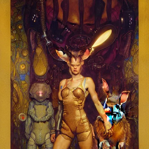 Image similar to portrait of a rabbit wearing a jumpsuit. shadowrun furaffiniy cyberpunk fantasy highly detailed painting by gaston bussiere craig mullins jc leyendecker gustav klimt artgerm greg rutkowski john berkey, bergey, craig mullins, ruan jia, raymond swanland, jeremy mann, tom lovell, alex malveda