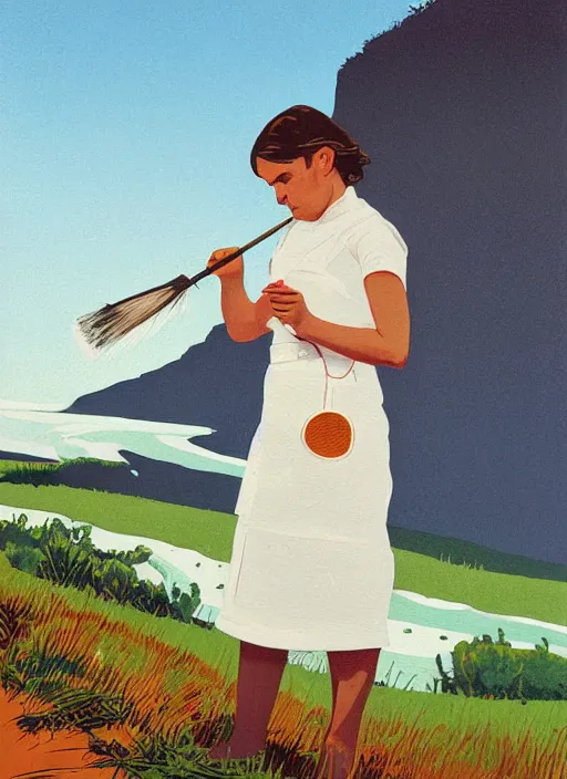 Prompt: composition by justine kurland, a zoomed out portrait of a beautiful tan skinned light brown hair maid in a white uniform cleaning in a scenic representation of mother nature and the meaning of life by billy childish, thick visible brush strokes, shadowy landscape painting in the background by beal gifford, vintage postcard illustration, minimalist cover art by mitchell hooks