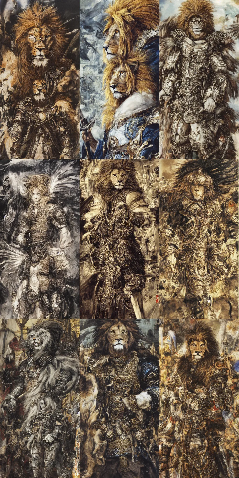 Image similar to 8 k yoshitaka amano painting of upper body of a young cool looking lion beastman with white mane at a medieval market at windy day. depth of field. he is wearing complex fantasy clothing. he has huge paws. renaissance style lighting.