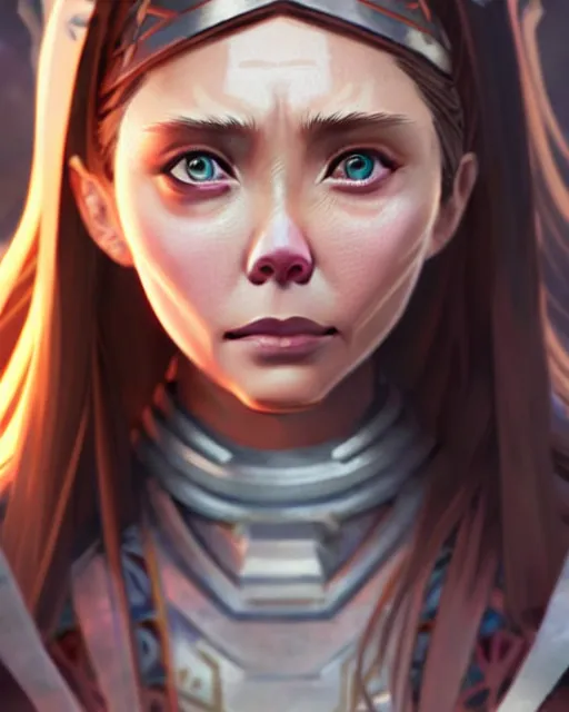 Image similar to azctec warrior, elizabeth olsen, detailed perfect face, exquisite details, fire magic, mid view, design on a white background, by studio muti, greg rutkowski makoto shinkai takashi takeuchi studio ghibli