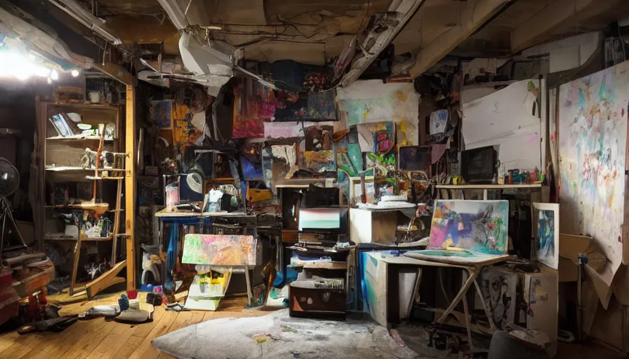 Prompt: a color photograph of an artist\'s basement studio with many things, trending on artstation, hyperrealism