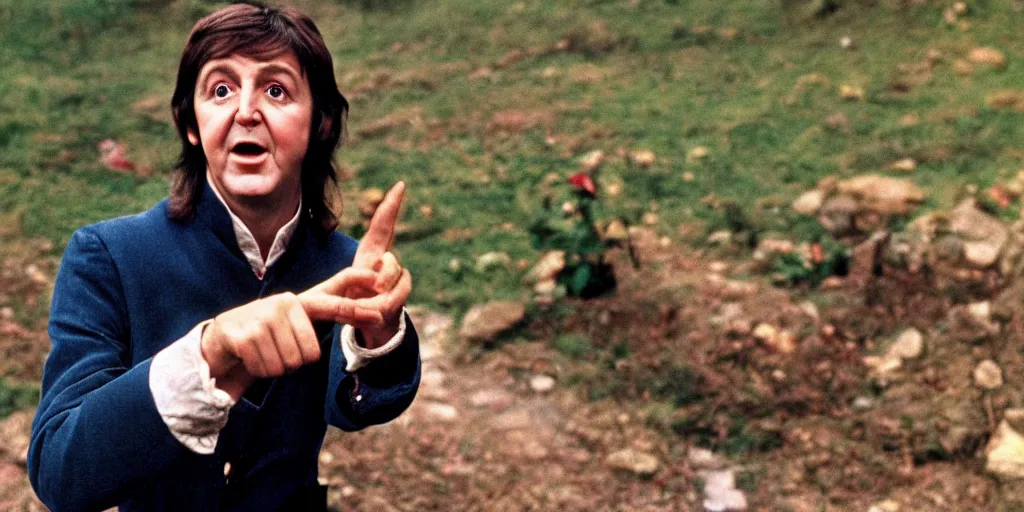 Prompt: A full color still of Paul McCartney dressed as a hobbit, holding his palm up, directed by Stanley Kubrick, 35mm, 1970