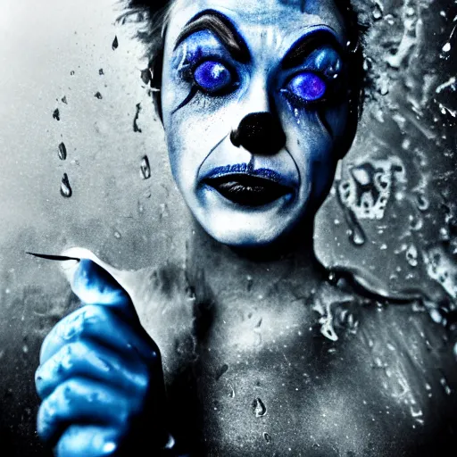 Prompt: crying clown with blue makeup under the rain, black and white photo, blue color splash, dramatic lightning, melancholic