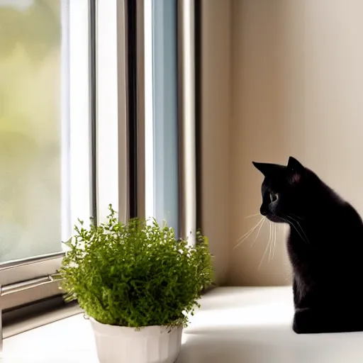 Prompt: peaceful dreamy painting of a content black cat sitting by a window, sunshine coming through the window, small plants on the window sill, 4k resolution, highly detailed